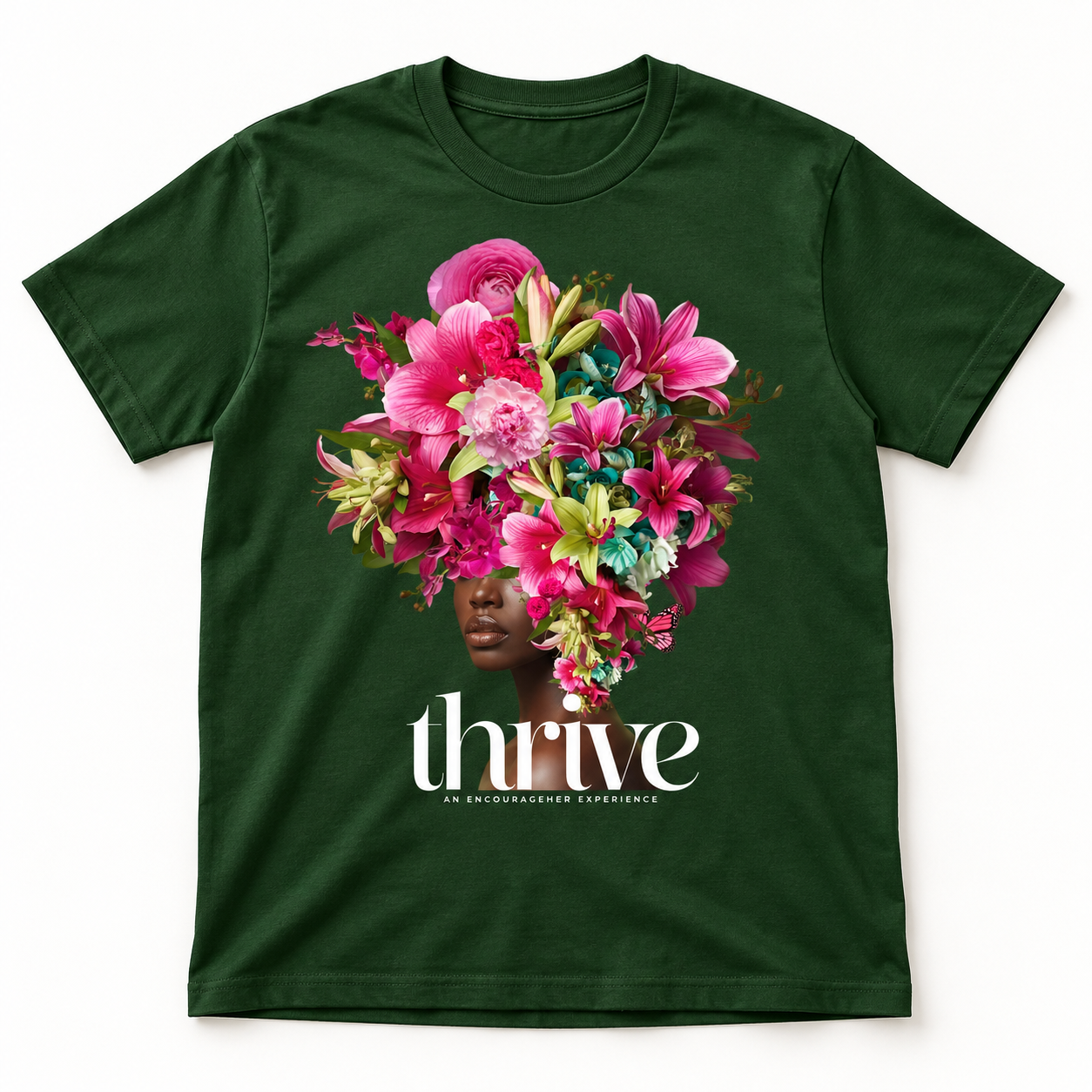 Deep green Thrive Graphic Tee with a colorful floral portrait and white thrive lettering